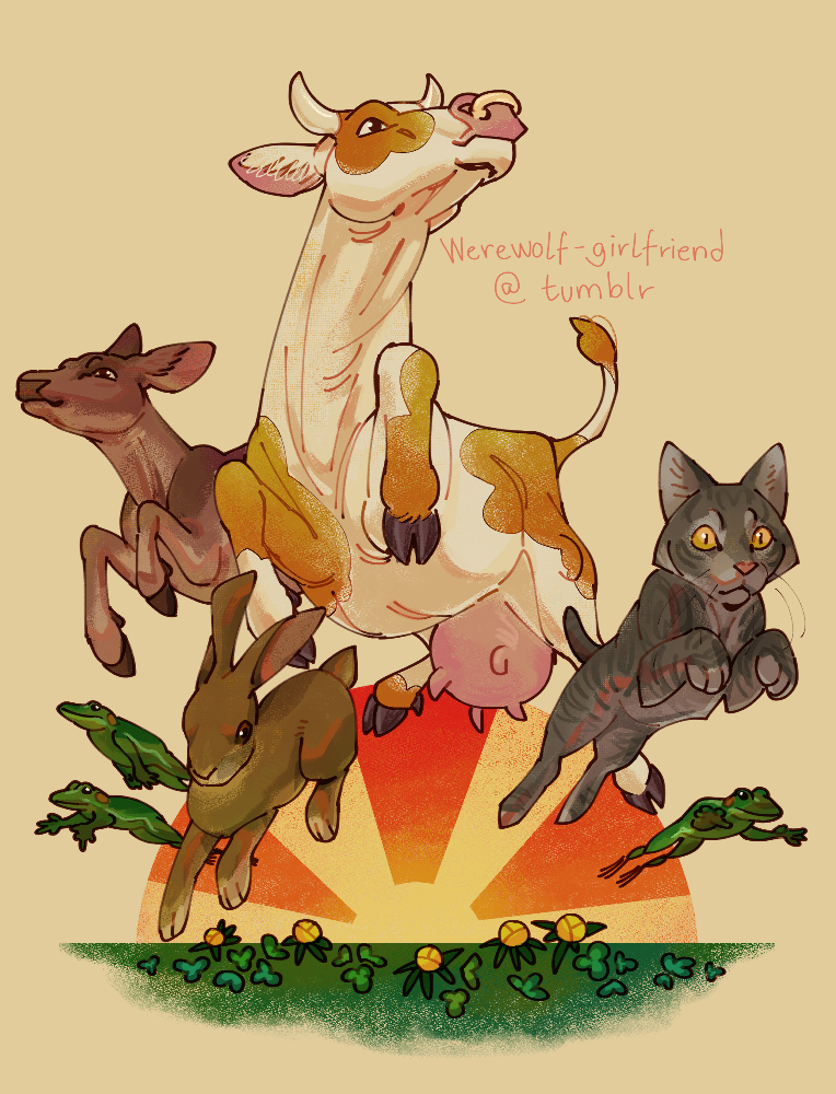 Digital illustration of frogs, a hare, a tabby cat, a deer, and a cow leaping on a stylized background.